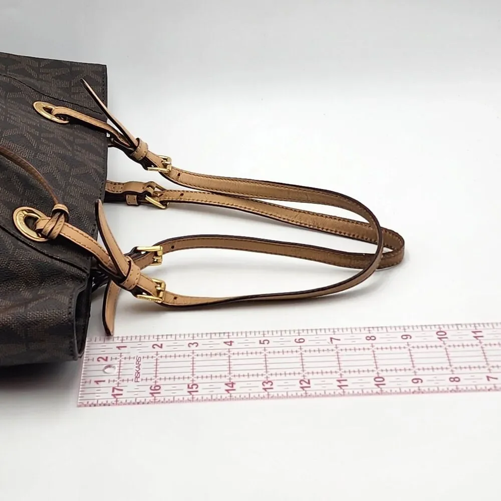 Michael Kors Coated Canvas Monogram MK Leather Trim Large Tote Bag Brown